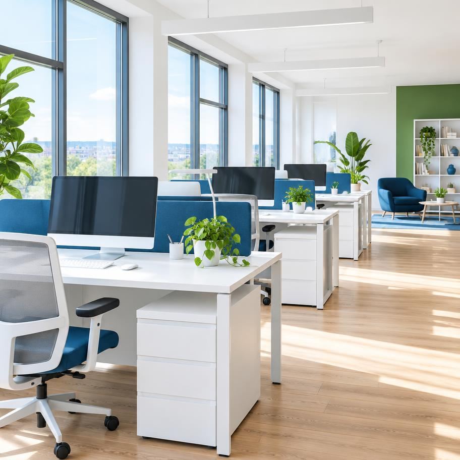 Makelloses, modernes Büro mit sauberen Schreibtischen und Pflanzen