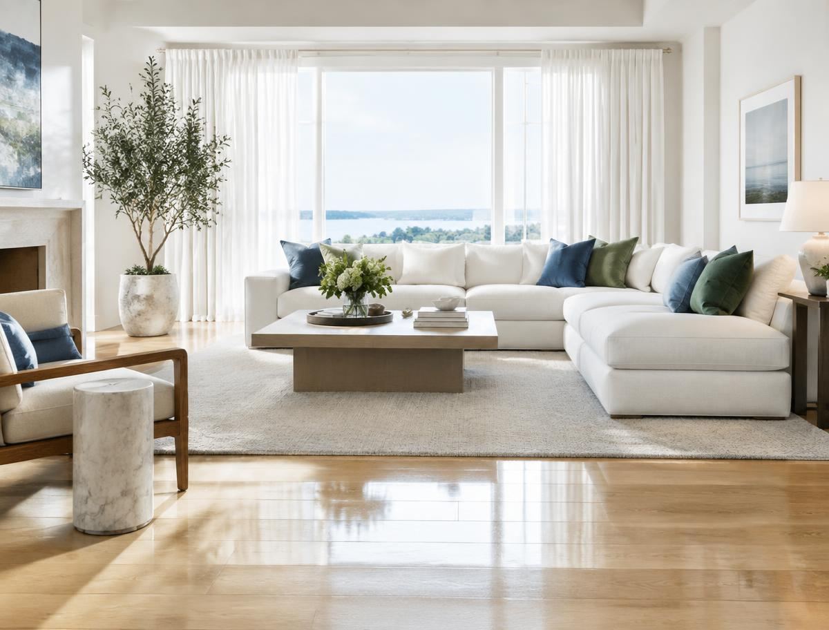 Makelloses modernes Wohnzimmer mit glänzendem Parkettboden